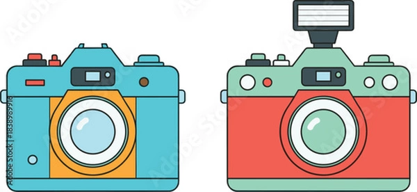 Fototapeta Retro photo camera illustration set featuring classic and flash cameras in colorful flat vector style for photography design