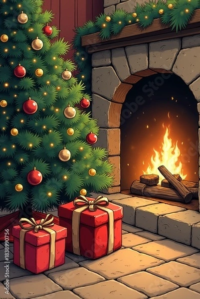 Obraz christmas tree with fireplace