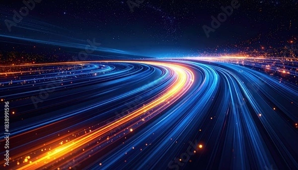 Obraz Abstract digital highway with vibrant neon lights, curves, and a starry sky