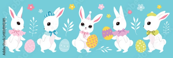 Fototapeta Cute Easter white bunnies, color clothes, cutie bows, pattern eggs. Spring collection. Sticker design. Set of Easter themed images including easter eggs, pretty rabbits. Happy Easter. Greeting cards