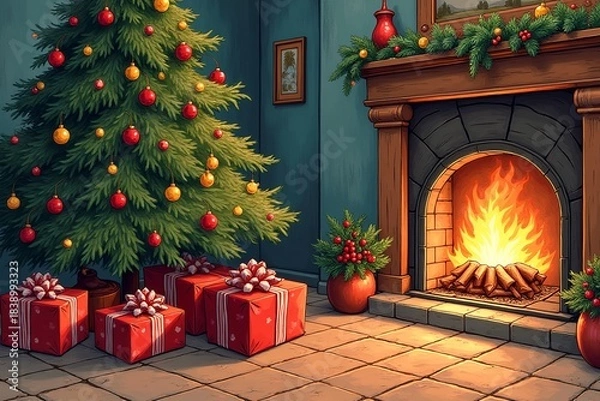 Obraz christmas tree and fireplace