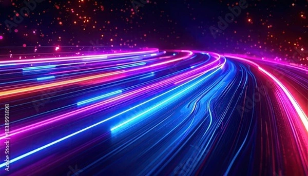Obraz Neon light streaks curve gracefully through a dark space, with stars, creating a dynamic visual
