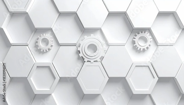 Obraz Three stylized gears sit atop a white, geometric honeycomb pattern with textured cells