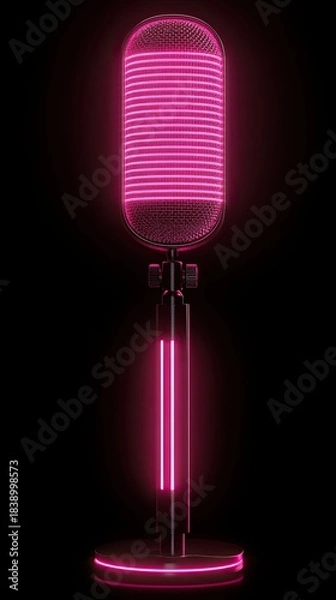 Obraz Microphone with dark neon light effect, 3D rendering