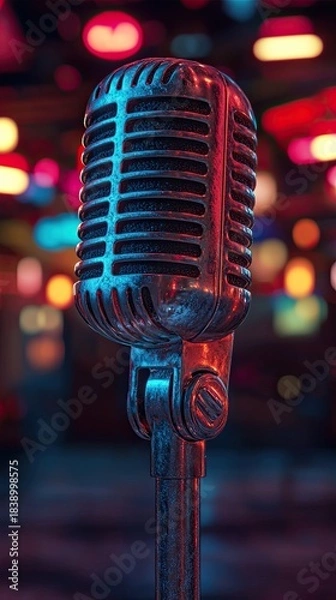 Obraz Microphone with dark neon light effect, 3D rendering