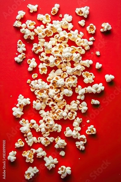 Obraz Scattered popcorn on red background, cinema, entertainment concept