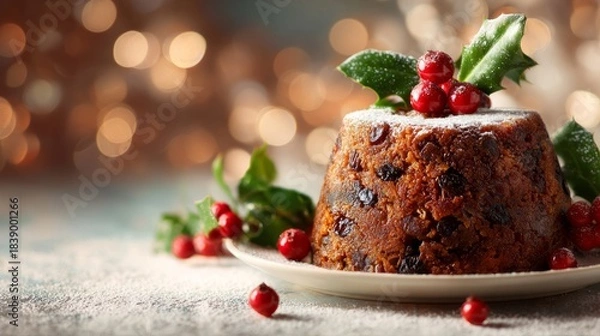 Obraz Christmas pudding decorating with holly and berries