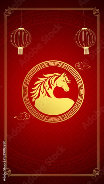 Fototapeta Chinese New Year Red Background with Zodiac Horse and Lanterns