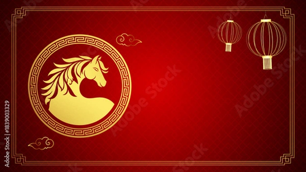 Fototapeta Red and Gold Chinese New Year Background with Zodiac Horse and Traditional Lanterns