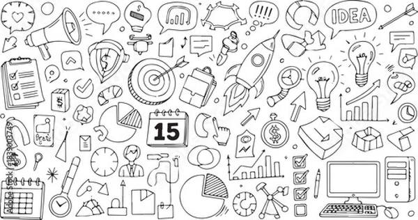 Fototapeta Handdrawn doodle set of business and marketing icons with various elements.