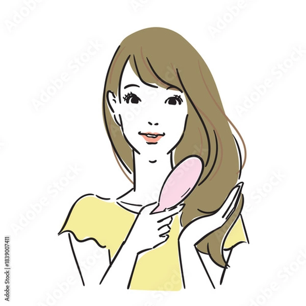 Obraz ロングヘアの可愛い女性上半身ヘアケア