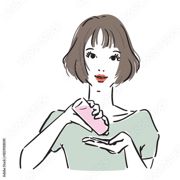 Obraz ボブヘアの可愛い女性上半身スキンケア