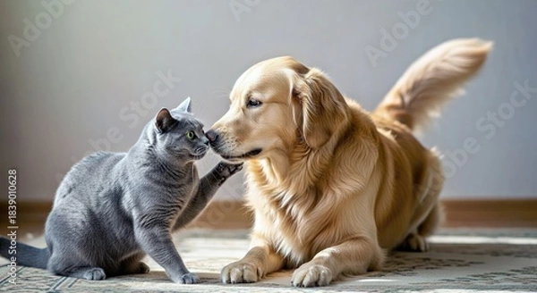 Fototapeta Friendly British Cat and Golden Retriever Resting Together