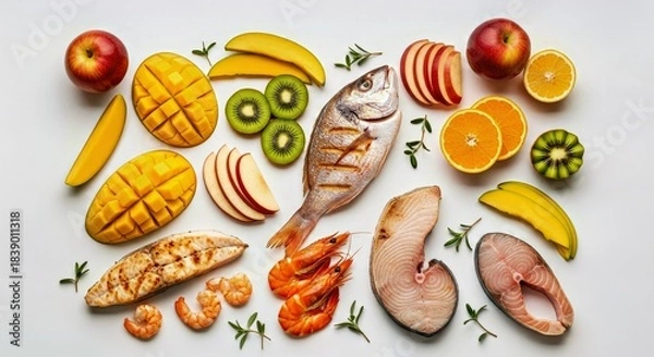Fototapeta Colorful Sliced Fruit and Fish Arrangement on White Background