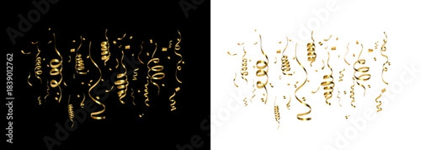 Fototapeta Golden shiny party streamers and confetti on black background with two variations.