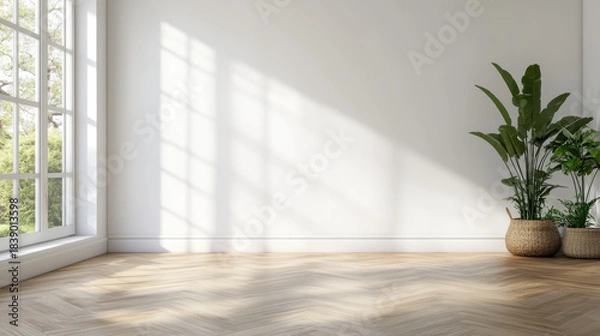 Obraz Minimalist sunlit empty room with large window and potted plants creating calm