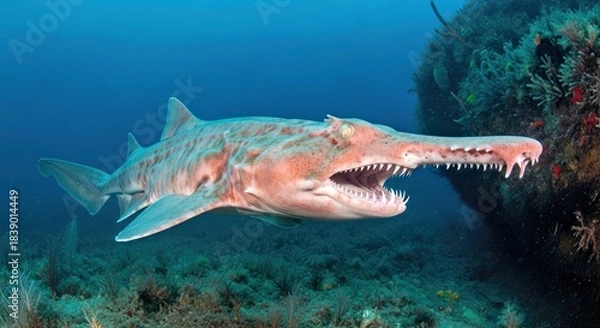 Fototapeta Rare Goblin Shark with Protruding Jaws in Deep Ocean Waters