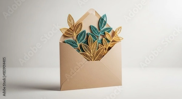 Fototapeta Elegant Gold and Teal Paper Leaves in Open Envelope Mockup