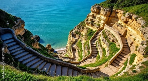 Fototapeta Layered Cliffside Steps Overlooking a Calm Blue Sea and Horizon