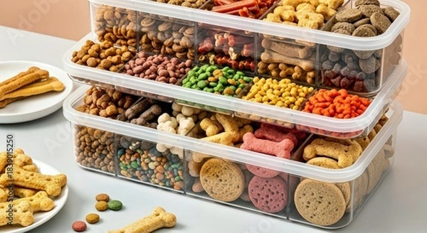Fototapeta Layered Pet Food Storage Container with Colorful Treats Mockup