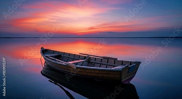 Fototapeta Lone Boat on Calm Lake at Twilight with Pink and Blue Sky
