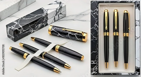 Fototapeta Luxury Black and Gold Pen Set with Elegant Marble Patterned Case