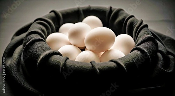 Fototapeta Monochrome Still Life: White and Cream Eggs in Black Fabric Nest