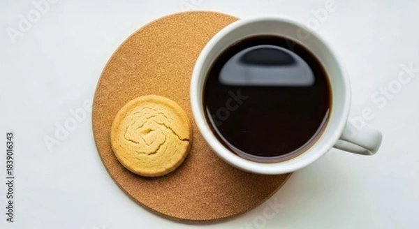 Fototapeta Overhead View of Dark Coffee in White Cup with Biscuit and Cork Coaster
