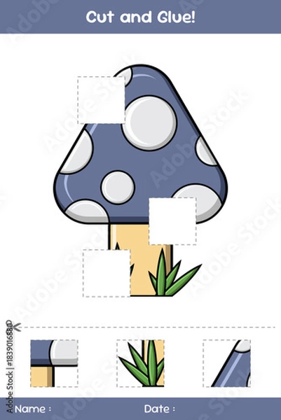 Fototapeta Cut and glue of mushrooms. Education paper game for kids. Glue game for kids. Educational children's game. Template for cut and glue