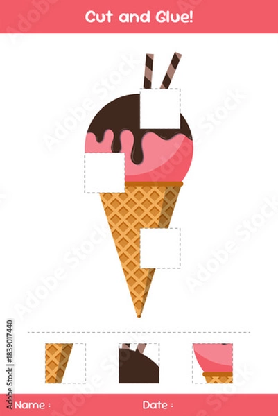 Fototapeta Cut and glue of ice creams. Education paper game for kids. Glue game for kids. Educational children's game. Template for cut and glue
