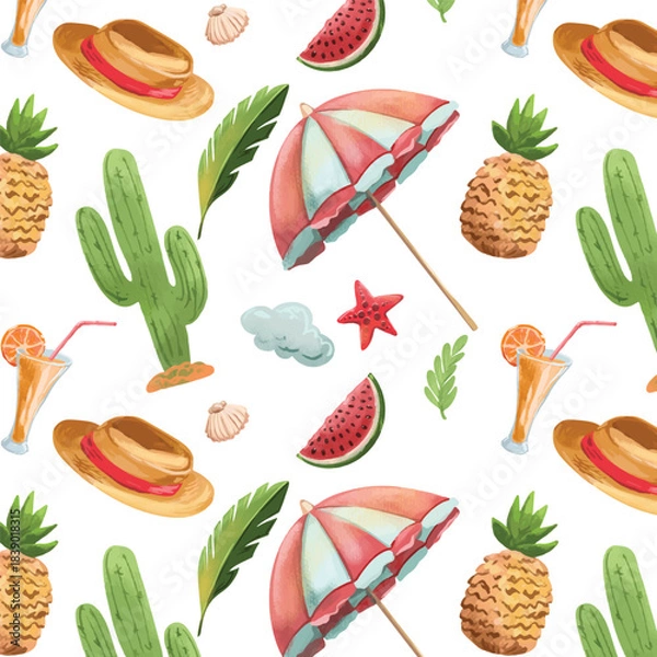 Obraz Hand drawn vector seamless pattern with beach amenities on white background