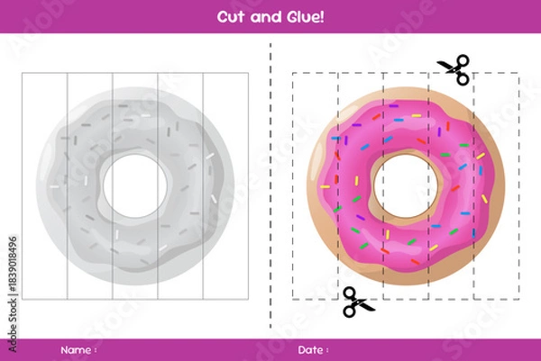 Fototapeta Cut and glue of donuts. Education paper game for kids. Glue game for kids. Educational children's game. Template for cut and glue