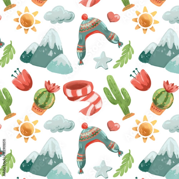 Obraz Hand drawn vector seamless pattern with peruvian and mounain travel items on white background