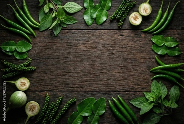 Obraz Thai green curry ingredients flat lay frame with fresh chili peppers thai basil kaffir lime and eggplant on dark rustic wooden background with copy space for menu design