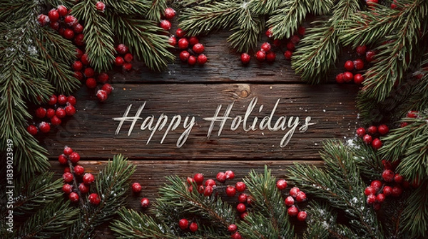 Fototapeta Rustic Dark Wood Background Frame with Evergreen Pine Branches and Red Berries and Cursive 'Happy Holidays' Text