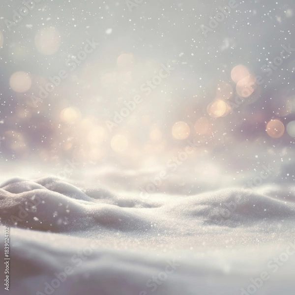 Fototapeta Soft Vintage Winter Background with Snowdrifts and Golden Bokeh Lights