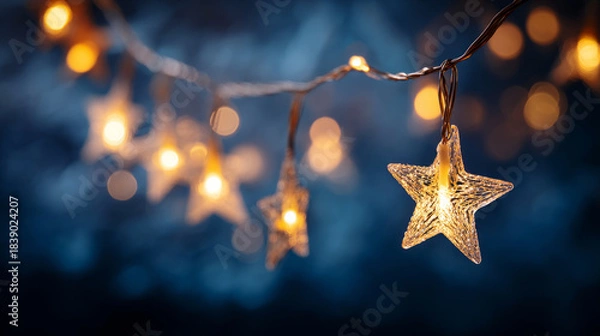Fototapeta Warm Glowing Star-Shaped Christmas String Lights on a Dark Blue Background