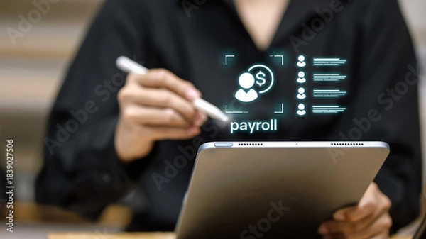 Obraz HR manager using digital tablet with virtual payroll system interface hologram.