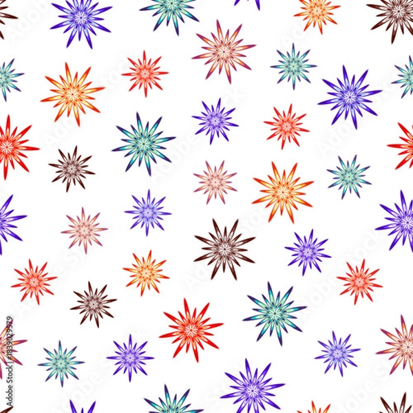 Fototapeta Seamless isolated pattern of bright multicolored stars with rainbow color transitions on a white background. Vector illustration.