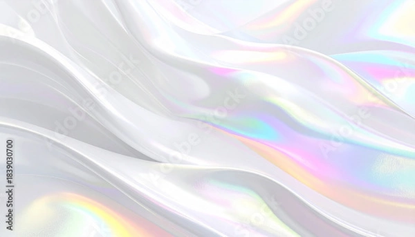 Obraz 繊細な虹色の光彩が流れる白いサテン風の優美な波背景