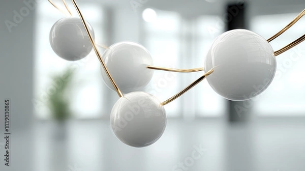 Fototapeta White sphere, gold wire, minimal abstract cluster, floating in bright modern interior, futuristic and clean atmosphere