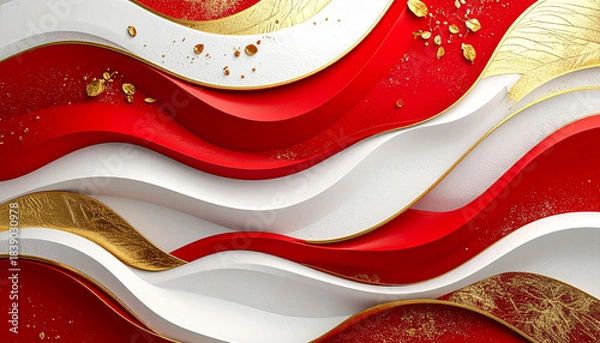 Obraz 金の葉が舞う赤と白の波状レイヤーが織りなす豪華絢爛な背景