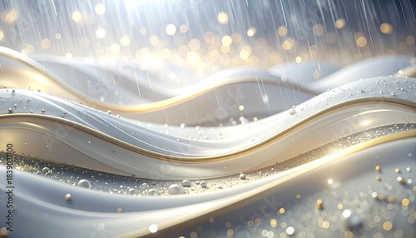 Obraz 雨と金の光が交わる白い波の幻想的な背景