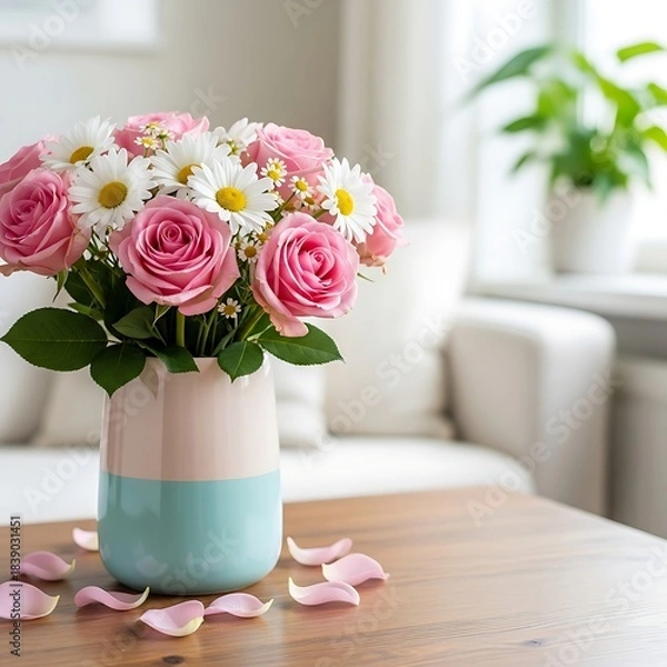 Obraz Elegant centerpiece of pink roses and white flowers with petals on a wooden surface, suggesting a thoughtful gift