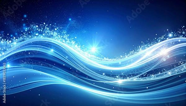 Obraz 青い光の波と粒子が飛び散る爽快な抽象デジタル背景