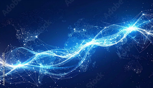 Obraz 世界地図と光の波が交差するグローバルネットワーク