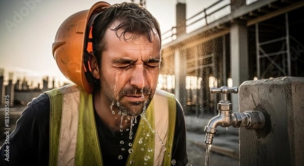 Fototapeta Construction worker takes a refreshing break from intense heat by splashing cool water onto his face at a job site faucet
