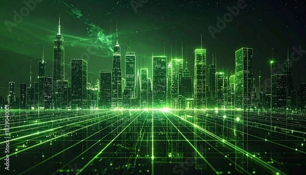 Obraz エメラルドグリーンのデジタル光線が走る夜景