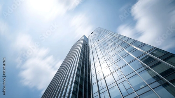 Obraz Modern glass skyscraper reflecting blue sky and white clouds building architecture