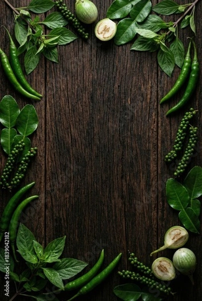 Obraz Vertical flat lay frame of Thai green curry ingredients featuring fresh chili peppers basil and eggplant on dark rustic wooden background with copy space for mobile menu design
